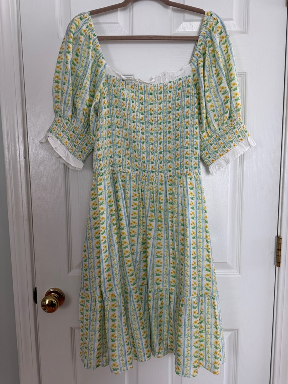 Oddi Yellow Floral Smocked Midi Dress with Puff Sleeves 1X